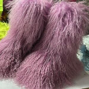 Lavender real fur shaggy short boots